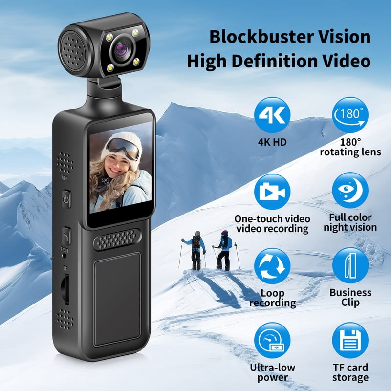 4K Body Camera with 180° Rotating Lens, 4K WiFi Action Camera Mini Video & Audio Pocket Camera, Wearable Camera for Outdoor Sport, Bike, Travel, Work