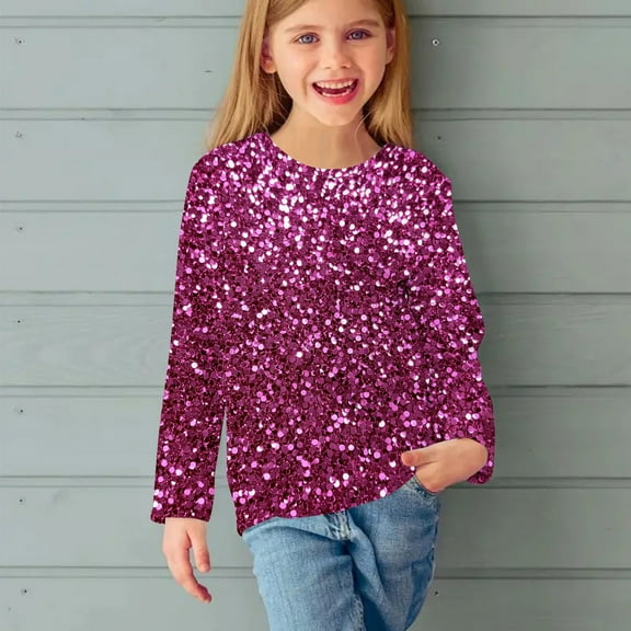 MKOSPLRT Sparkly Print Tops for Kid Long Sleeve Casual Dressy T Shirts Crewneck Loose Fit Shirts Glitter Party Shirts Blouses 3-13 Years