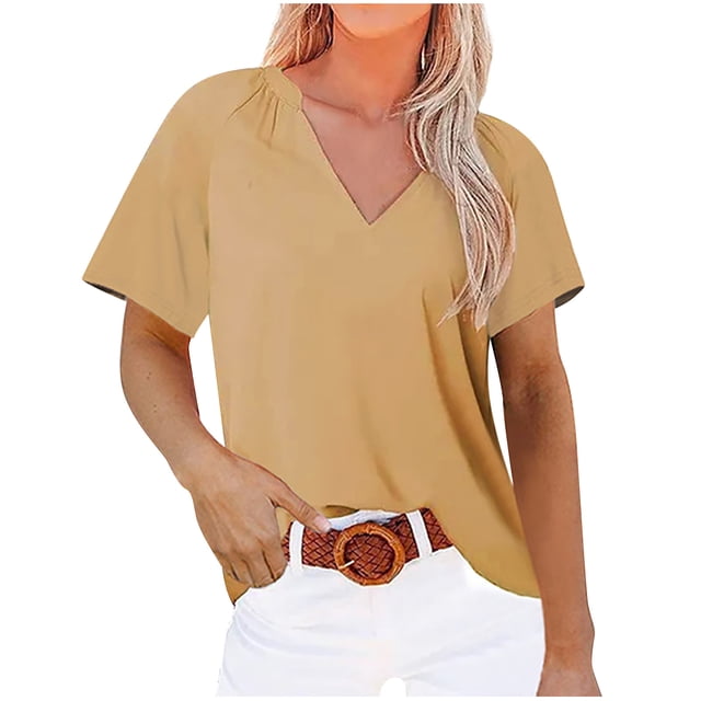 Birdeem Mode Femmes Décontracté Uni Chandail à Enfiler Col en V Manches Courtes T-Shirt Hauts Blouse