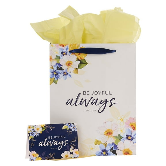 Navy Floral Gift Bag w/Card & Tissue Paper: Be Joyful Always 2 Thes. 5:16, Large