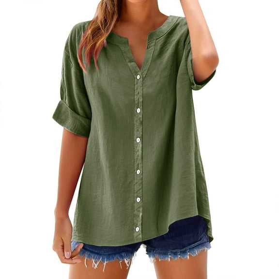 Maplenight Womens Casual Blouse Summer Short Sleeve V Neck Button Tops Loose Tee Shirts Blouse
