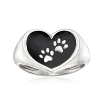 Ross-Simons Italian Sterling Silver and Black Enamel Paw Print Heart Ring, Women's, Adult