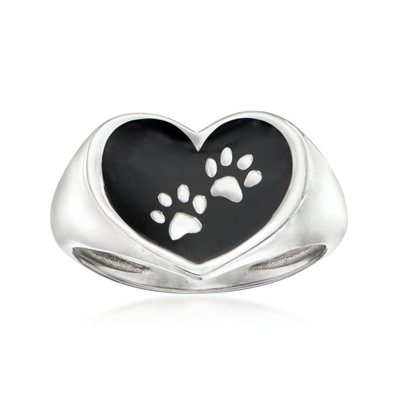 Ross-Simons Italian Sterling Silver and Black Enamel Paw Print Heart Ring, Women's, Adult