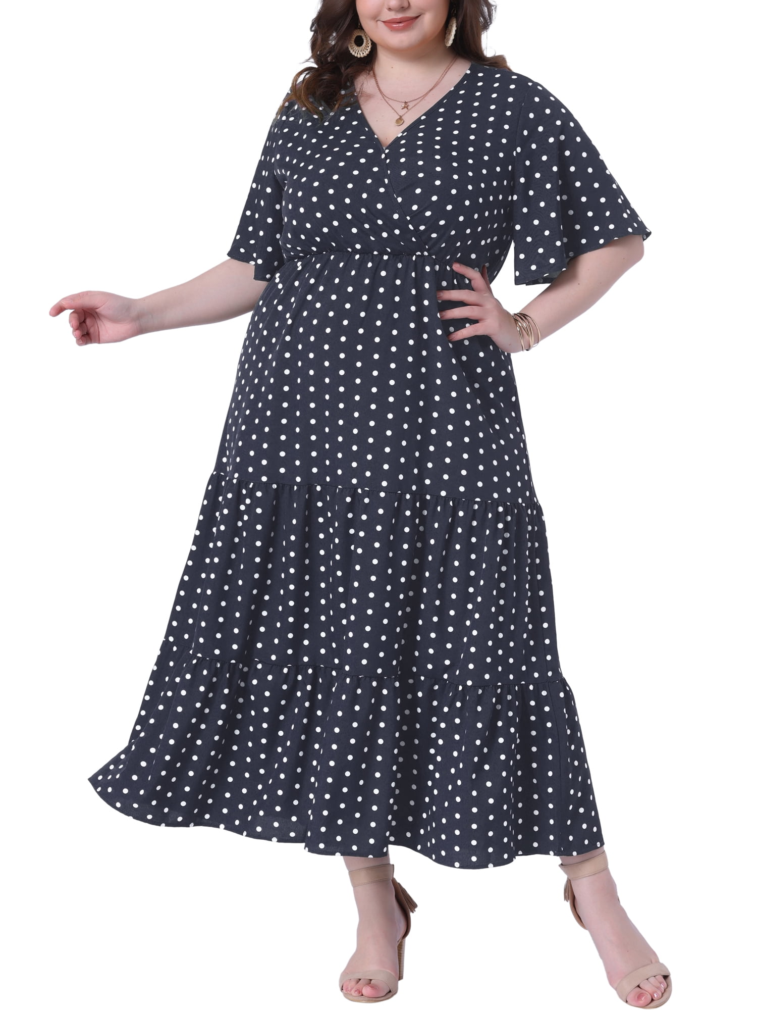 DARING DIVA Women's Plus Size V Neck Wrap Polka Dot A-Line Dress 1X Dark Blue