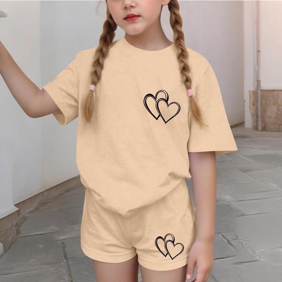 Fnooota Girls Summer Outfit Sets, Short Sleeve Summer 2 Piece Casual Kids Clothing Sets Beige Size 14-16
