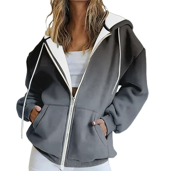 Women's Gradient Color Full Zip Hooded Sweatshirt, Soft Breathable Long Sleeve Pullover for Spring Autumn Casual Wear, Streetwear Fashion and Daily Comfort Black L