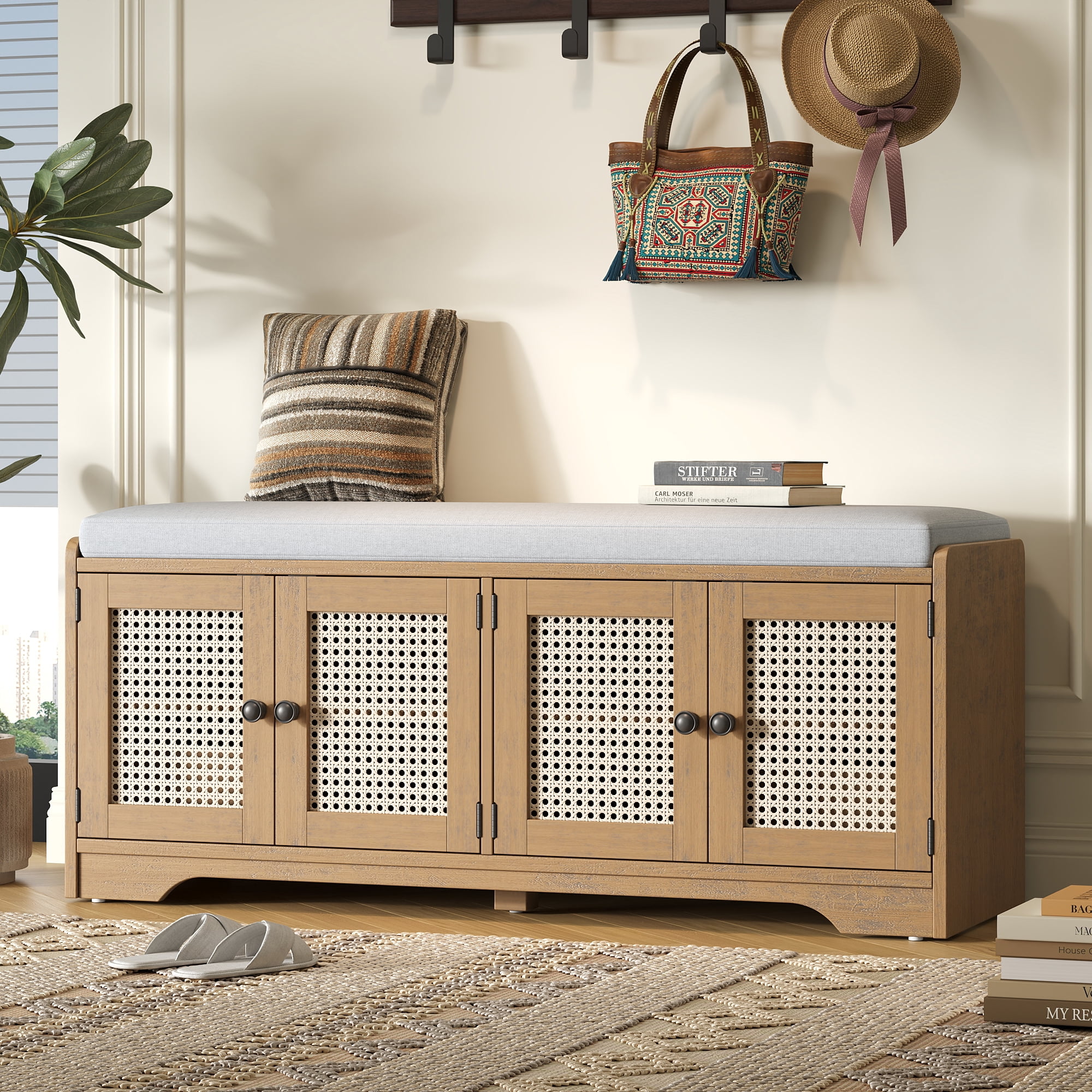 Euroco Rustic Storage Bench Multifunctional Wood Entryway Shoe Bench with Removable Cushion, Woven Rattan Doors & Adjustable Shelves for Hallway, Living Room (Brown+Beige )