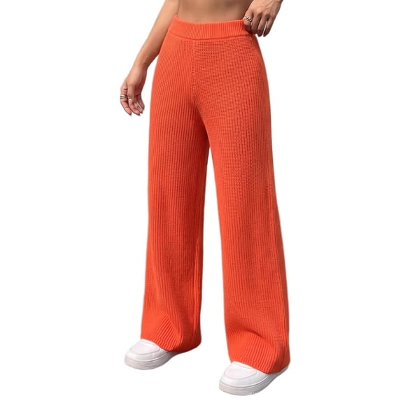 Lenpel Womens Casual Sweater Pants Fall Elastic High Waisted Knitted Trousers Plain Straight Leg Warm Pants with Pockets(Orange,X-Large)