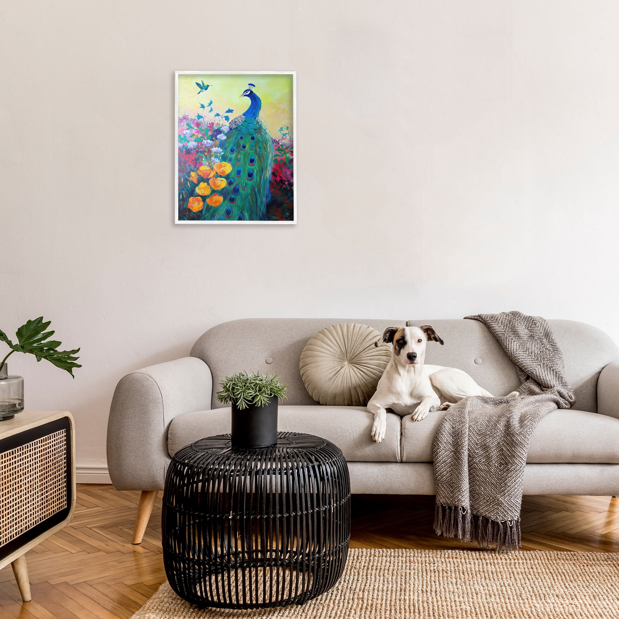 Stupell Industries Peacock & Garden Flowers Animals & Insects Painting White Framed Art Print Wall Art, 24 x 30