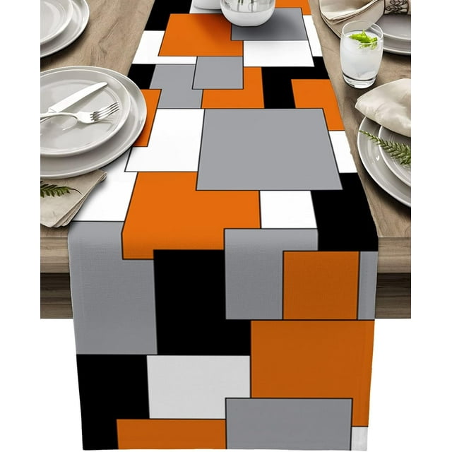 Farmhouse Table Runner Linen Burlap Table Runners 108 Inches Long, Modern Abstract Art Color Block Gray and Orange Table Runner for Dresser, Party, Living Room, Dining Table Decor 13"x108"