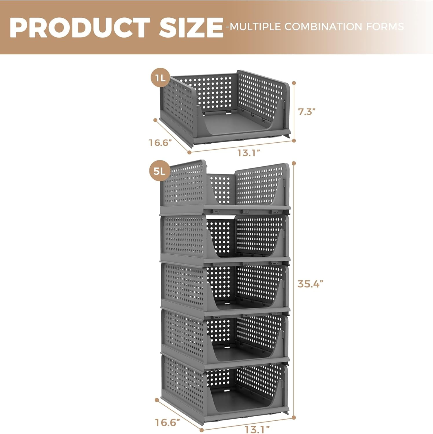5 Pack Folding Closet Organizers - Stackable Plastic Drawer Basket for Clothing, Shelf Storage Container for Closet, Wardrobe, Bedroom, Bathroom, Office (Black)