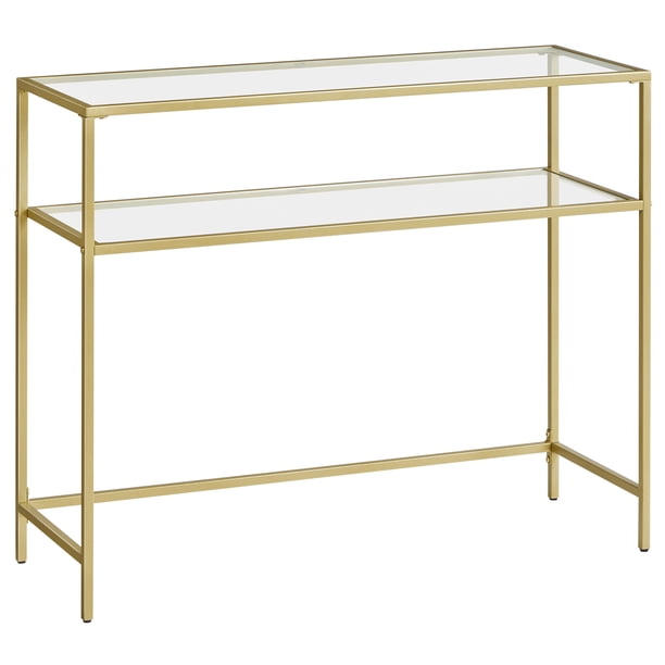 VASAGLE Mesa de Consola, Mesa de Entrada, Marco de Metal, Extremo del Sofá, Tablero de Vidrio Templado, Patas Ajustables, para Salón, Entrada, Pasillo, Dorado y Transparente