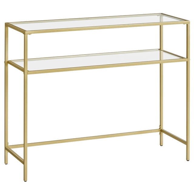 VASAGLE Mesa de Consola, Mesa de Entrada, Marco de Metal, Extremo del Sofá, Tablero de Vidrio Templado, Patas Ajustables, para Salón, Entrada, Pasillo, Dorado y Transparente