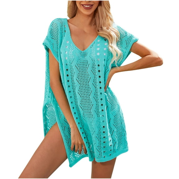 XFLWAM Women's Swimsuit Coverup Swim Crochet Cover Up Sexy Side Split Beach Dress Bathing Suit Cover Ups for Swimwear Green One Size