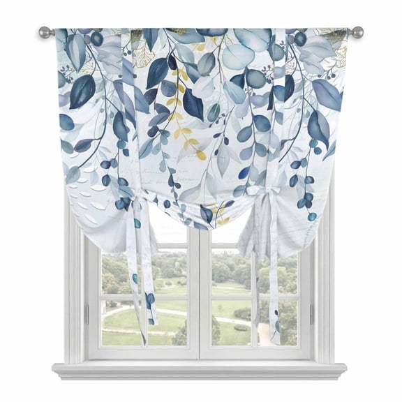 Navy Blue Eucalyptus Leaves Tie Up Curtains for Windows, Adjustable Balloon Window Shades, Retro Country Leaf Botanical Kitchen Window Treatments Farmhouse Short Curtains with Rod Pocket 42"x45"
