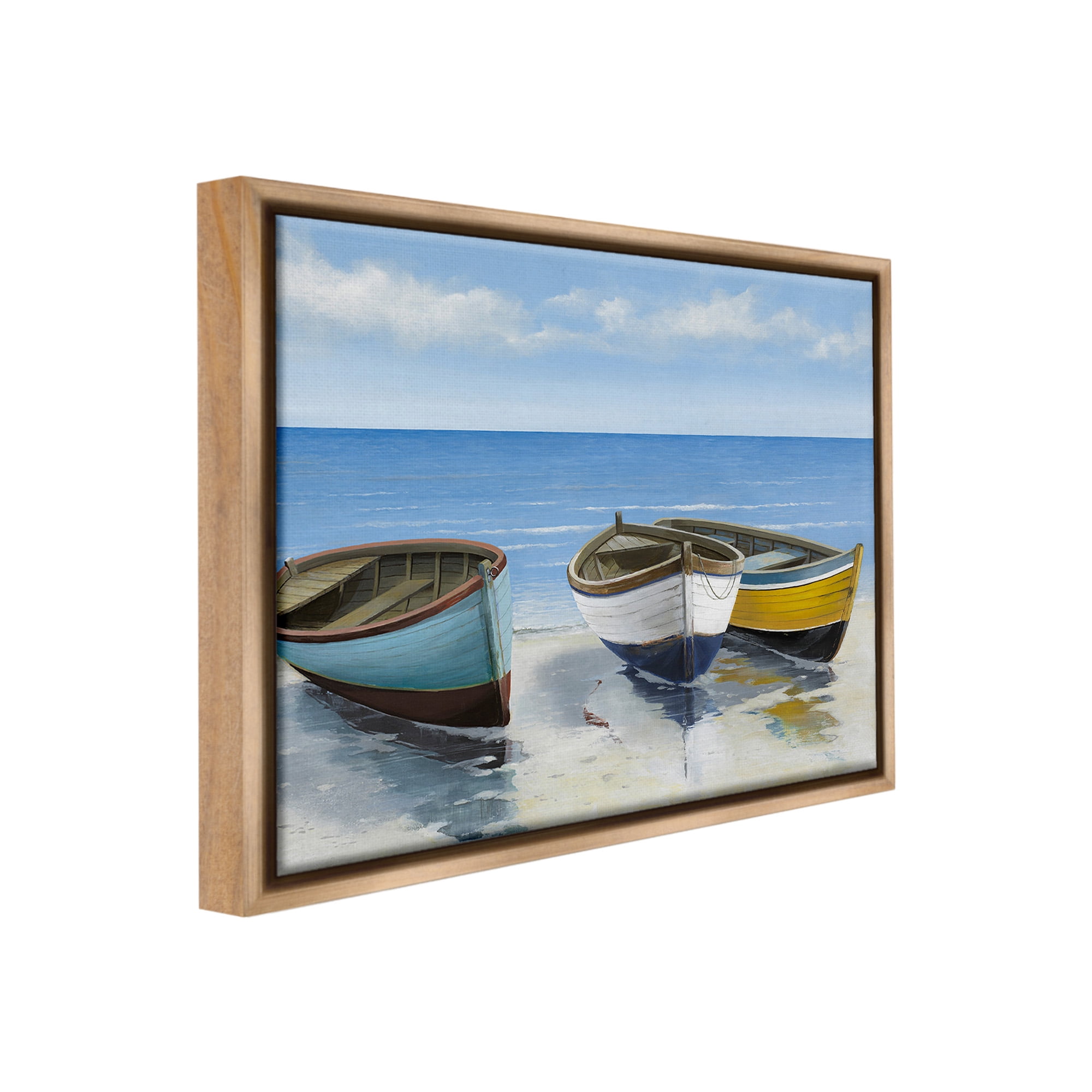 Stupell Industries Coastal Rowboats on Shore Transportation Painting Brown Floater Framed Canvas Art Print Wall Art, 21 x 17