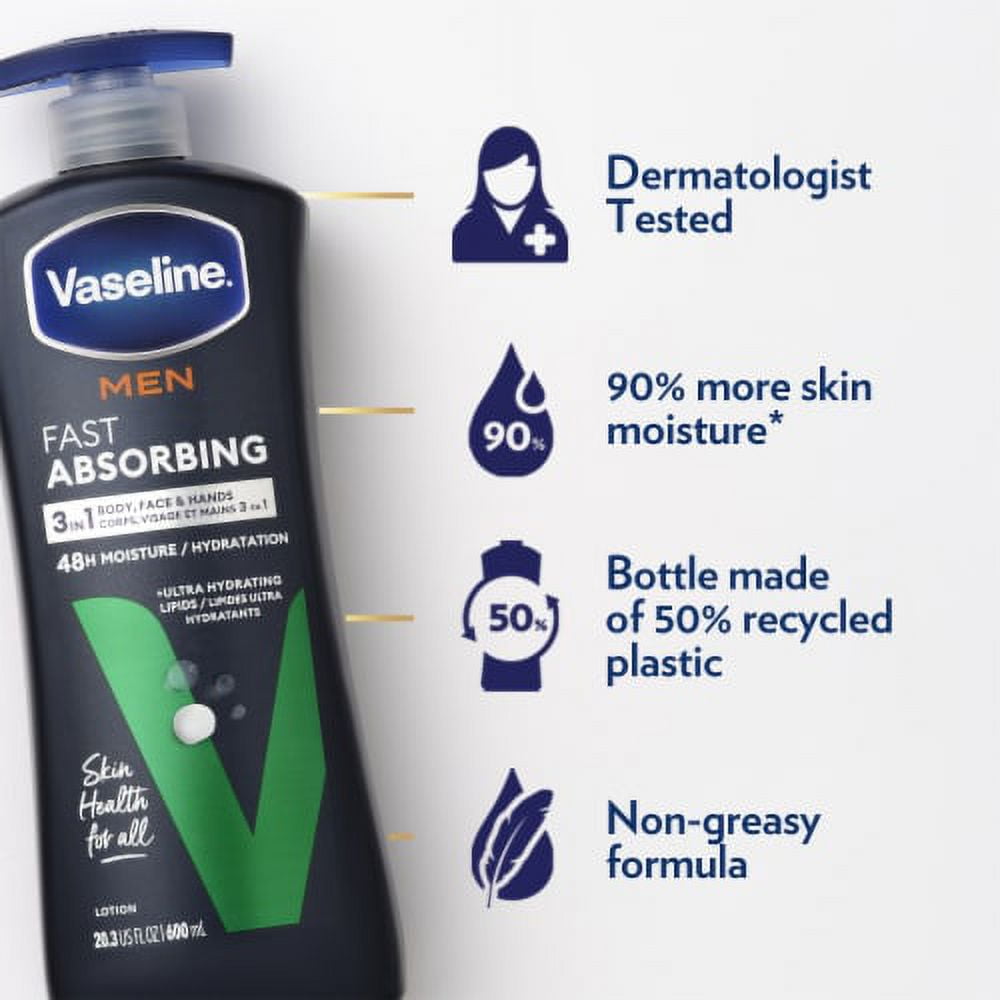 Vaseline Men 3 in 1 Face Hands & Body Lotion Fast Absorbing for Dry Skin, Absorbs in Just 15 Seconds
