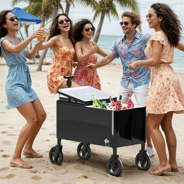 Wooflex Wagon Rolling Cooler Cart, 80 Quart Outdoor Cooler with Adjustable Handle & 360° Swivel Wheels, Black