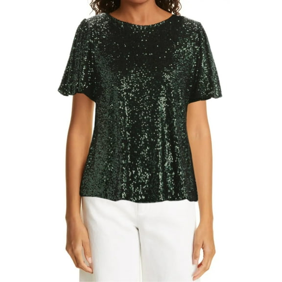 Hilary Radley Women's Flutter Sleave Keyhole Back Sequin Blouse Top-Green / S