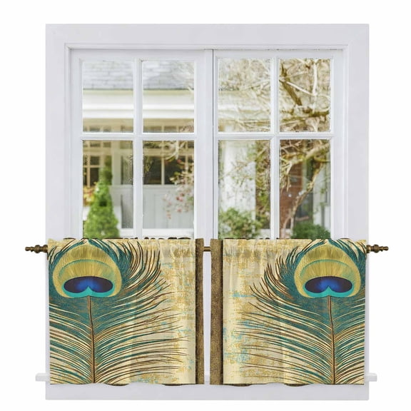 Retro Peacock Feathers Tier Curtains, Vintage Abstract Art Light Filtering Kitchen Curtains, 2Pcs Rod Pocket Half Window Treatments Panels for Sink Cafe Cabinet Camper 27.5x24 Inches