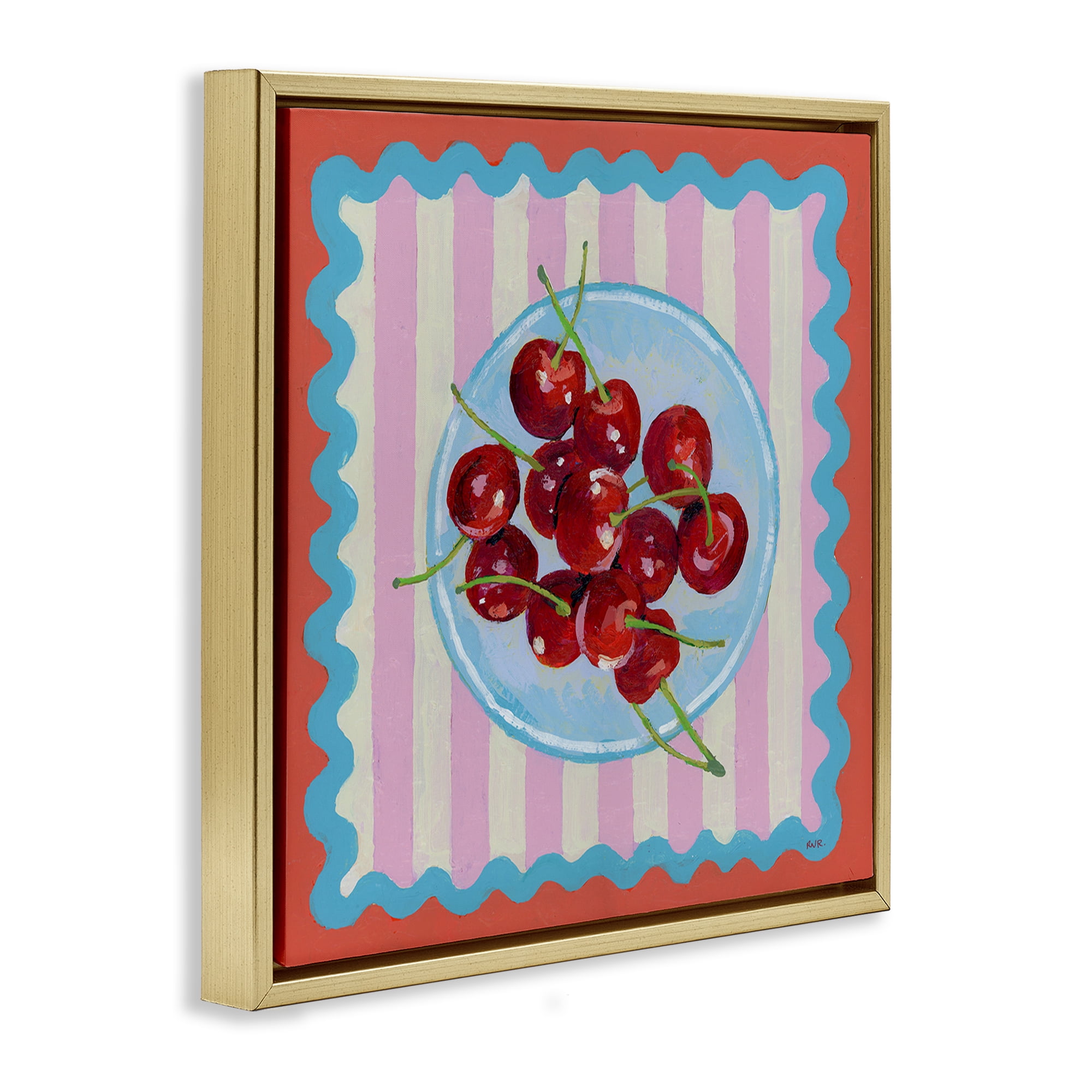 Stupell Industries Red Cherries over Pink Stripes Gold Framed Floater Canvas Wall Art, design by Rachael Reese