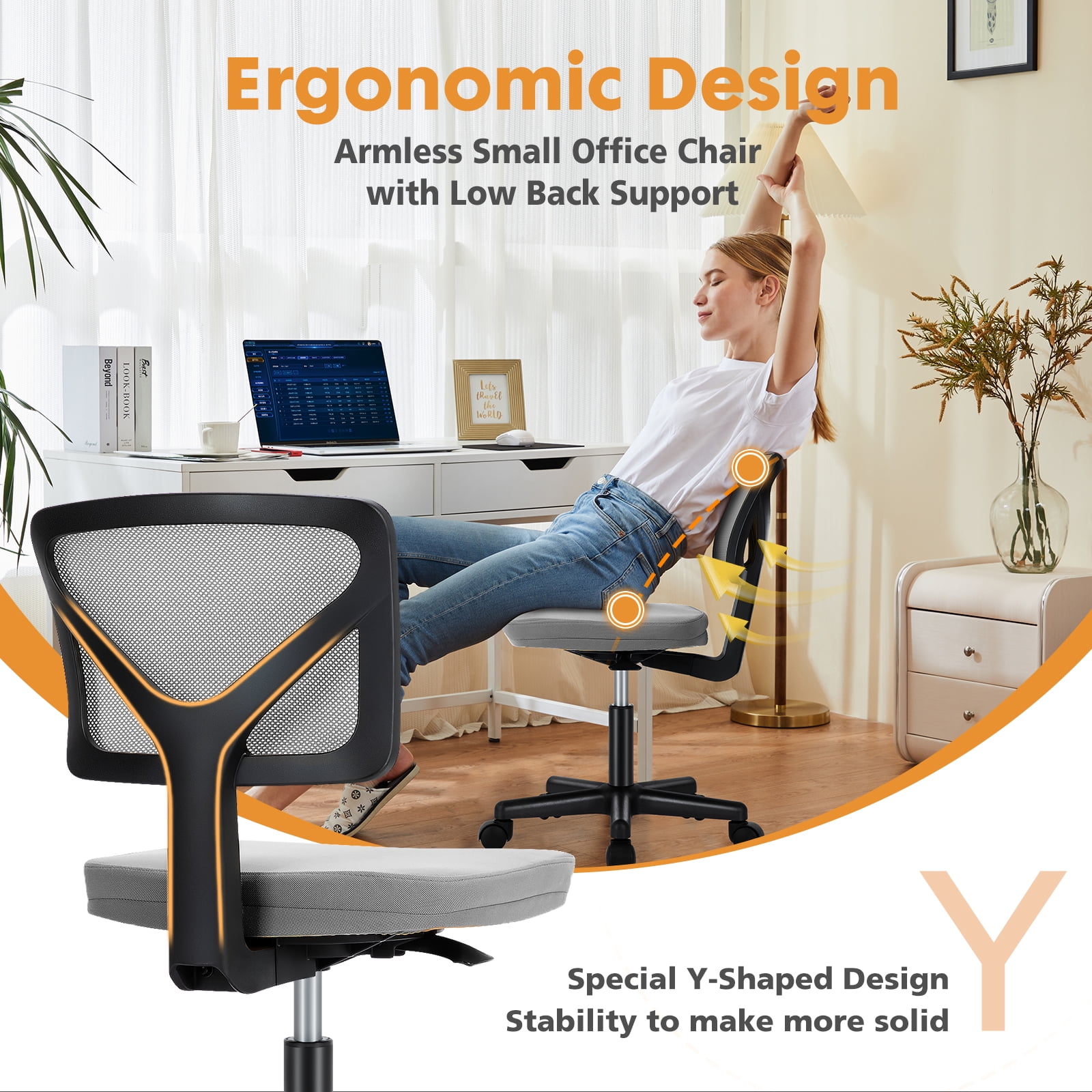 CONCETTA Ergonomic Home Office Mesh Desk Chair, Small Space, Armless Rolling Chair for Adults, Gray