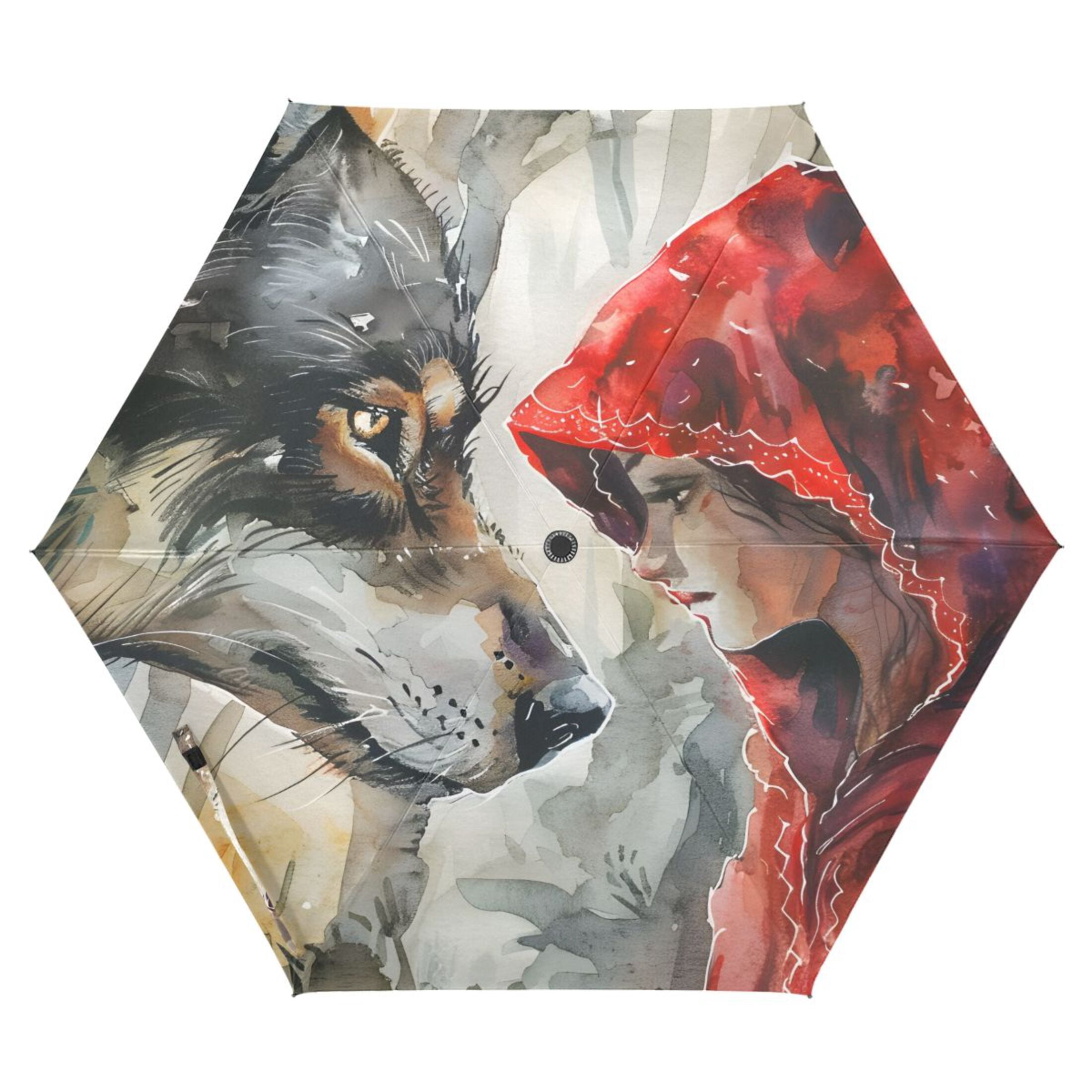 Wolf and Red Clothed Girl Compact Sun Umbrella Windproof Travel Umbrellas for Rain Strong Portable UV Protection