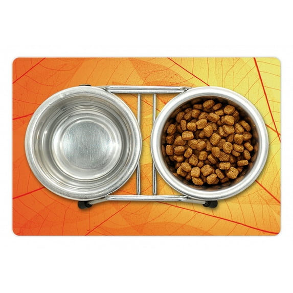Orange Pet Mat for Food and Water, Autumn Nature Fall Season Themed Dried Leaves with Skeleton Vivid Veins Close, Non-Slip Rubber Mat for Dogs and Cats, 18" X 12", by Ambesonne