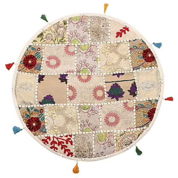 Stylo Culture Ethnic Round Throw Pillows For Bedroom Vintage Patchwork Floor Cushion Cover White 22" Big Sitting Cushions Decorative Decor Tuffet Seat Pouf Cover Footstool Cotton Embroidered 1 Pc