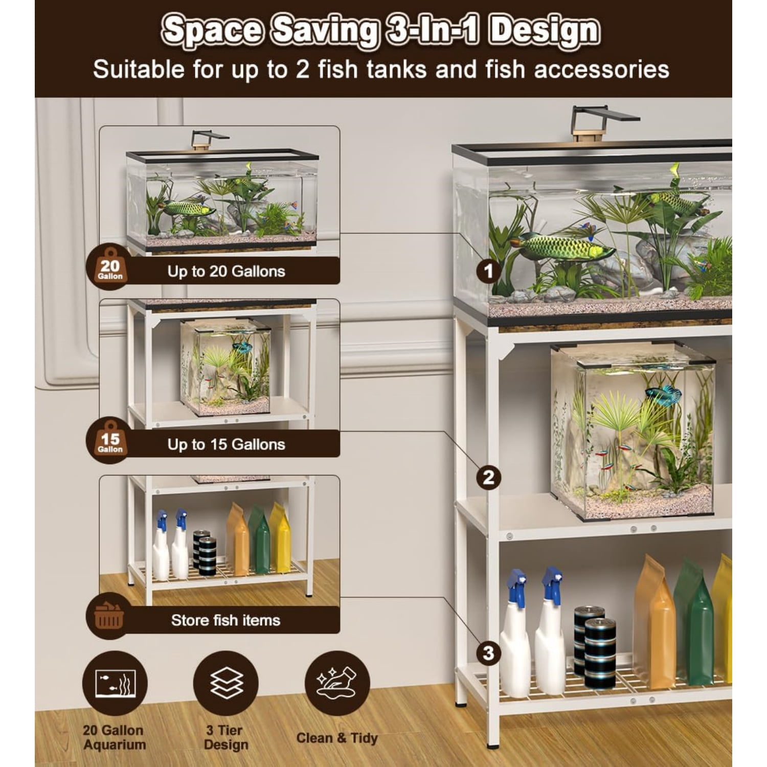 20 Gallon Aquarium Stand, Fish Tank Stand with Adjustable 3-Tier Storage Shelf, Heavy Duty Reptile Breeder Turtle Tank Terrarium Rack Table for Home Office, 24" L x 12" W x 32.2" H, White