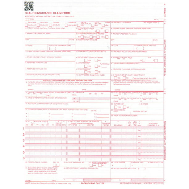 New CMS 1500 Health Insurance Claim Forms, HCFA Approved Version (02/12
