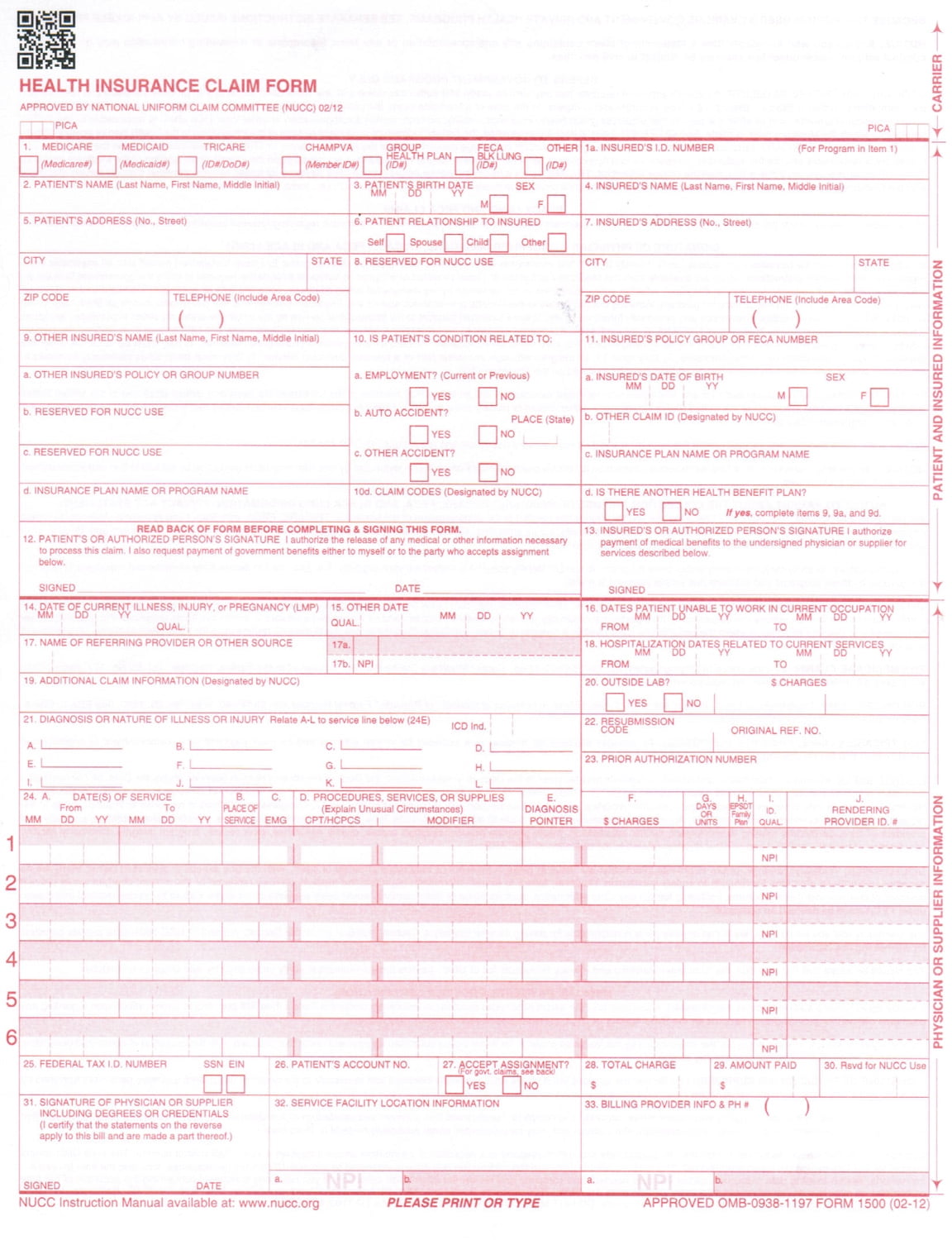 UB 04 Hospital Claim Form Laser Cut Sheet 2 500 case Walmart