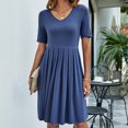 thumbnail image 5 of Bigersell Bridesmaid Dresses for Wedding Women's Dress V-Neck Short Sleeve Pocket Solid Pleated Everyday Dress Female Plus Size Dresses Women's Plus Sheath Dresses, Style 3730, Navy L, 5 of 8