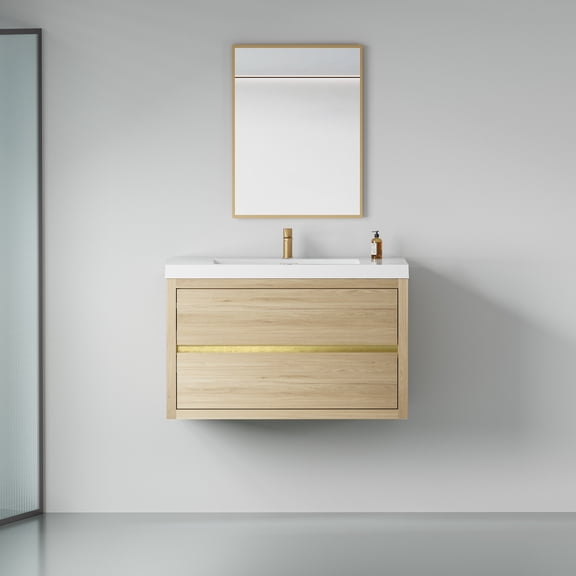 BARONAGE 36" Wall-Mounted Bathroom Vanity with Single Sink, Floating Bathroom Storage Cabinet with Stone Resin Countertop and Soft Close Drawers, Oak