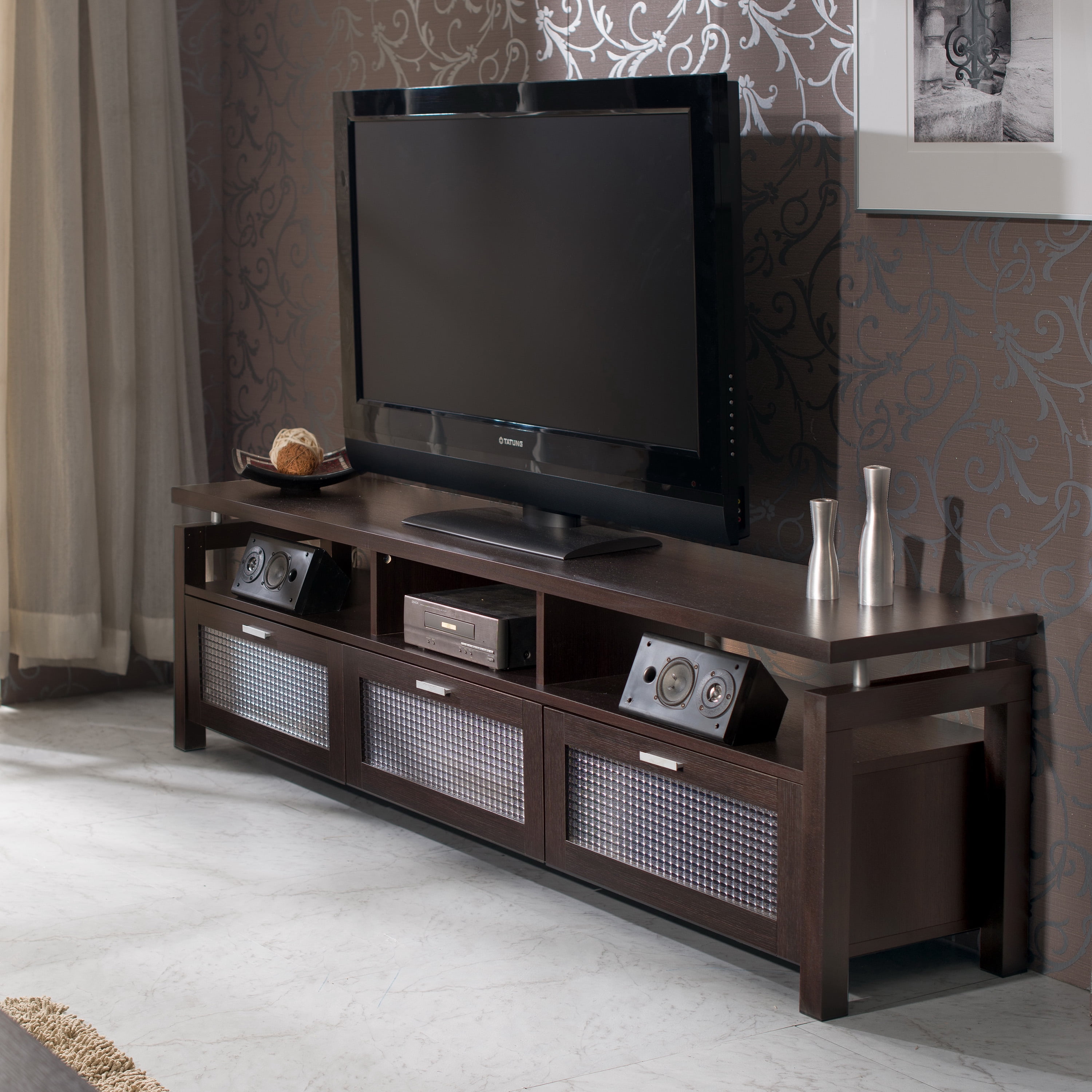 Elm Wood 3-Cabinet TV Stand Console, Espresso