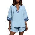 thumbnail image 5 of Delconic Women Bohemian Print V Neck Short Sleeve Top and Split Hem Shorts Two Piece Summer Set for Casual and Daily Wear Sky Blue S, 5 of 7