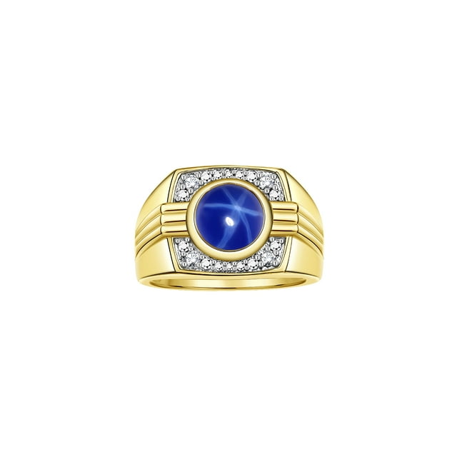RYLOS Mens Rings Yellow Gold Plated Silver Designer Starburst 7MM Gemstone & Diamond Ring Blue Star Sapphire September Birthstone Rings For Men, Men's Rings, Silver Rings, Size 8,9,10,11,12,13