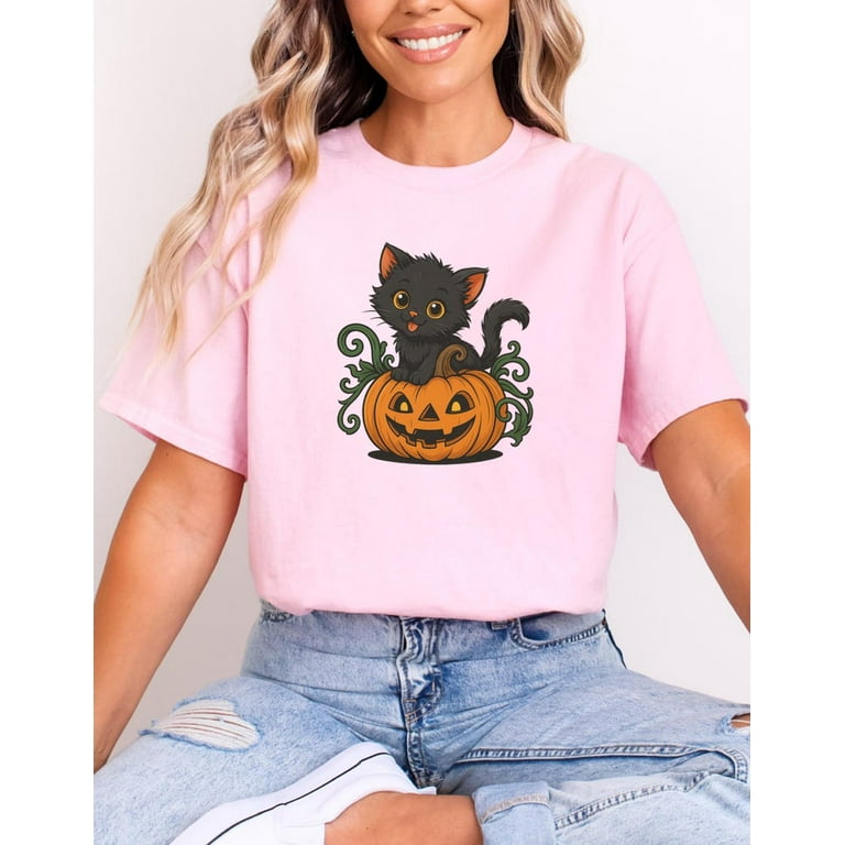 Cute Black Kitten Halloween Shirt Sitting on Pumpkin Jack-o