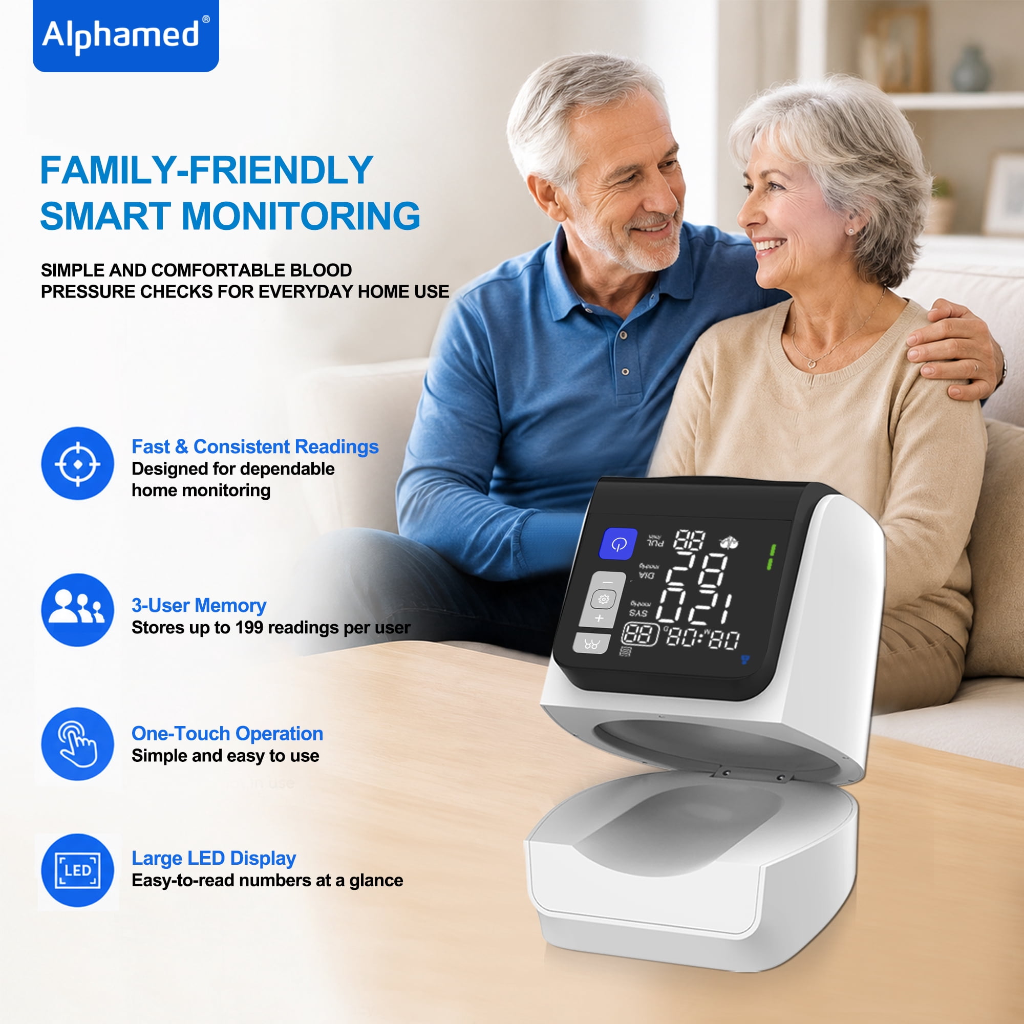 Alphamed Upper Arm Blood Pressure Monitor, Automatic Digital BP Machine, No Arm Wrap Design, Large LED Display, One-Button Use for Home & Seniors