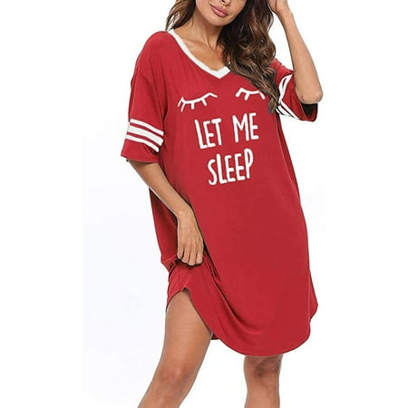 

Ruanyu Sleep Shirts for Women Short Sleeve Cotton Novelty Night Shirts V Neck Oversized Nightgowns Cute Printed Nightdress