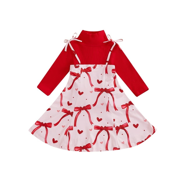 Gupgi 2 Pcs Tenue de Saint-Valentin pour Petites Filles 2 3 4 5 6 7 8 Ans Enfants Manches Longues Col Roulé Rouge Imprimé Cœur Nœud Robe