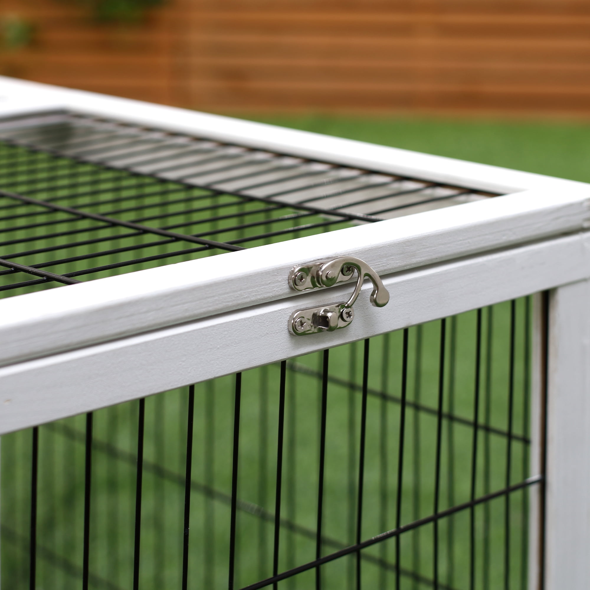 Pawhut Solid Wood Rabbit Hutch with 2 House Levels and Patio Space, Strong Black Metal Cage Wire, and Easy Clean Tray