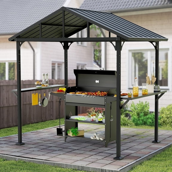 ASJMR 8x5 Ft Grill Gazebo Canopy Outdoor Hardtop Galvanized Steel BBQ Pergola Shelter with Independent Countertop for Patio Backyard Lawn Garden