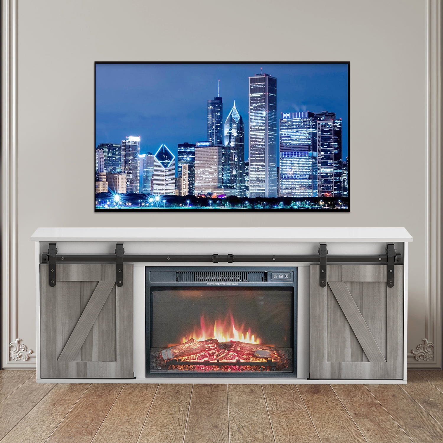 Television with Electronic Fireplace and Sliding Door