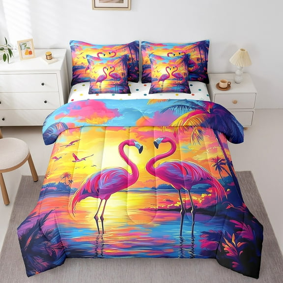 Erosebridal Wildlife Flamingo Bedding Sets Twin Size,Palm Tree Comforter Sets with Sheets,Marine Decoration,Reversible,Breathable,7pcs