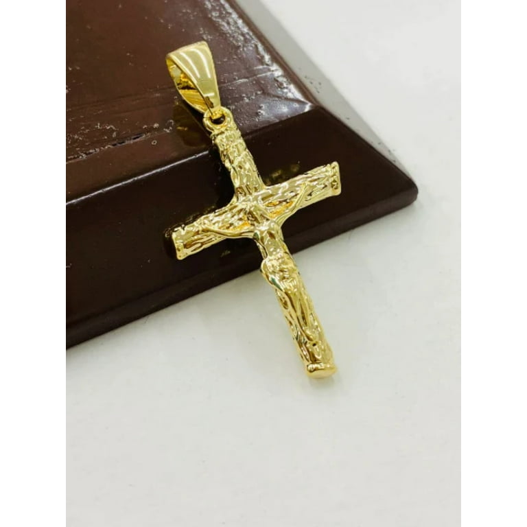 Cross Necklace Two Tone for Mens in Gold Filled Figaro Chain Necklace 24/  Cadena Con Dije De Cruz Para Hombre 1.8x1.13 / Crucifix Necklace 
