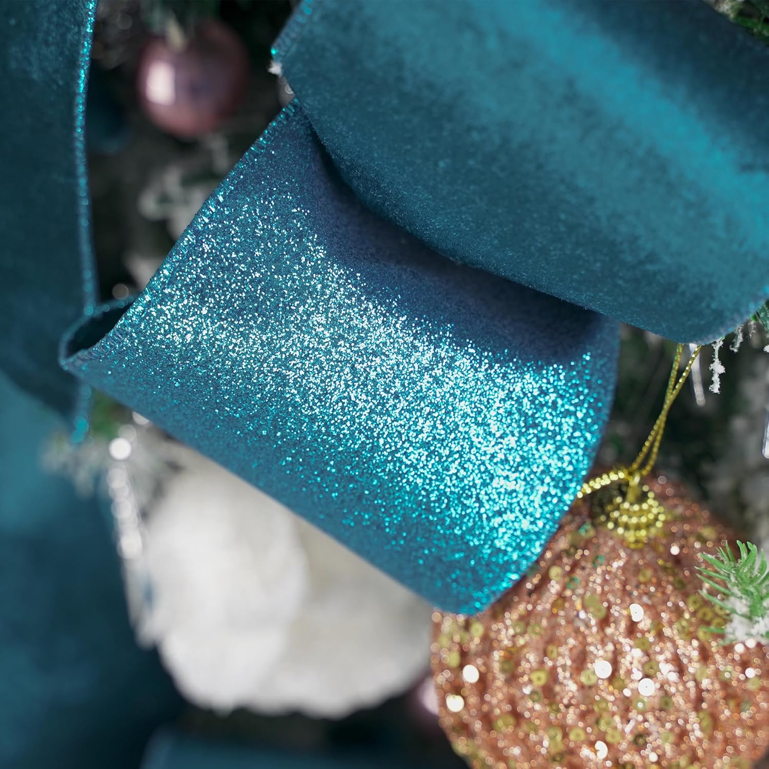 Turquoise Velvet Wired Ribbon 4 inch Christmas Tree Ribbon Double-Sided Glitter Turquoise Blue for Trees, Wreaths, Bows, Garland, Crafts-10 Yards