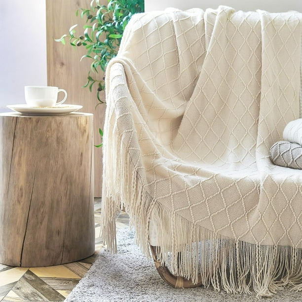 Manta de Punto para Sofá y Cama, Cobija Punto con Borlas Rombo Suave y Cálido, 127 x 180 cm Manta Ligero Bohemio Decorativa para Viaje, Picnic, Adecuada para Todas Las Estaciones