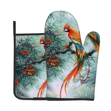

Junzan Exotic Birds Forest Pattern Oven Mitts and Pot Holders 2 pcs Set Potholders BBQ Gloves Long Kitchen Oven Glove for Cooking Baking Grilling (2-Piece Set 11 Inch)