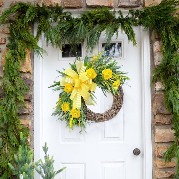 Taicans Spring Yellow Floral Wreath with Bow,17.7" Artificial Ranunculus & Greenery,Front Door Decor for Easter,Farmhouse,Porch,Wedding,Year-Round Home Accent